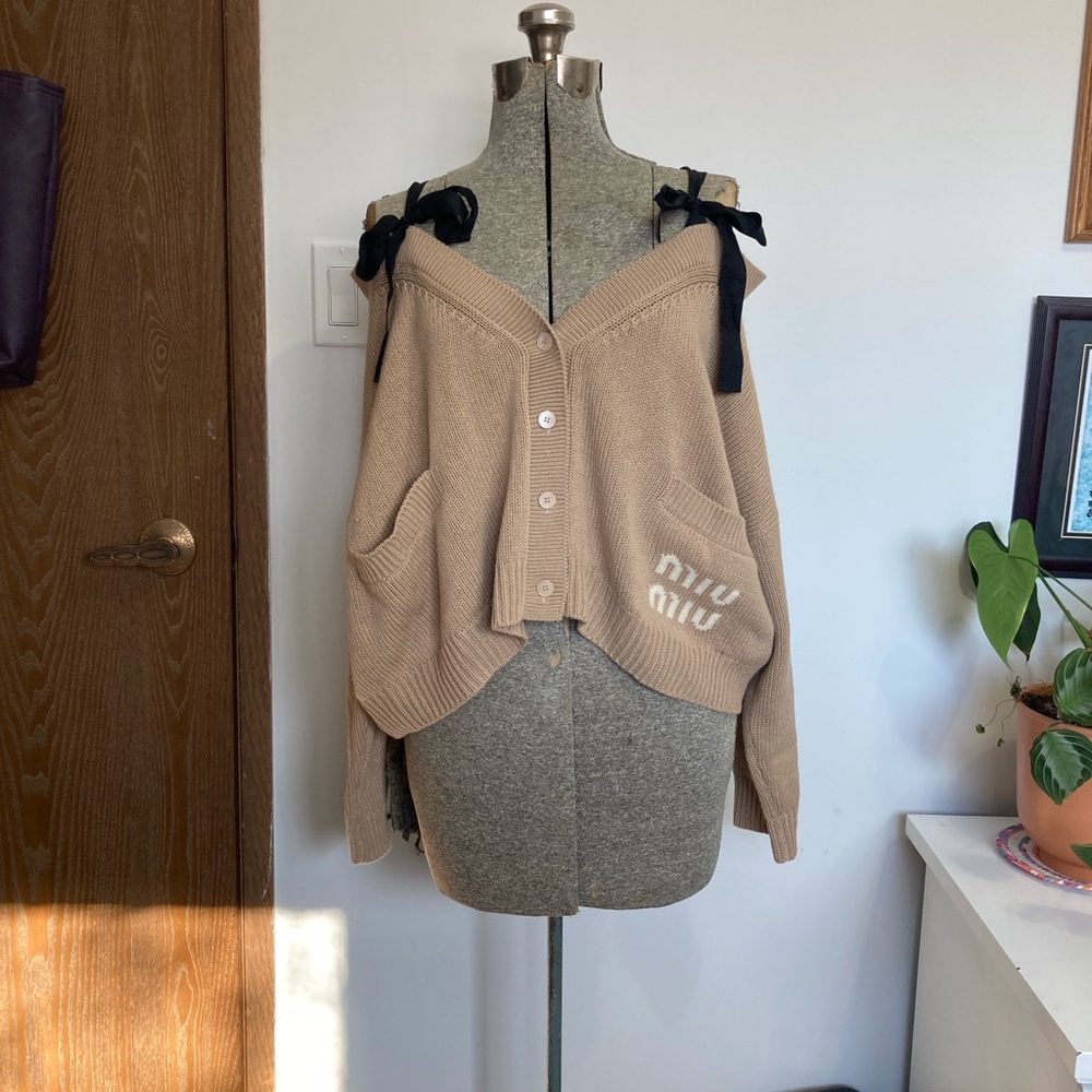 Miu Miu Beige Off-Shoulder Sweater with Black Accents